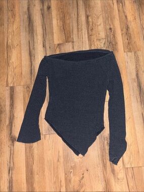 Off-Shoulder Dark Blue Ribbed Point-Hem Women's Sweater